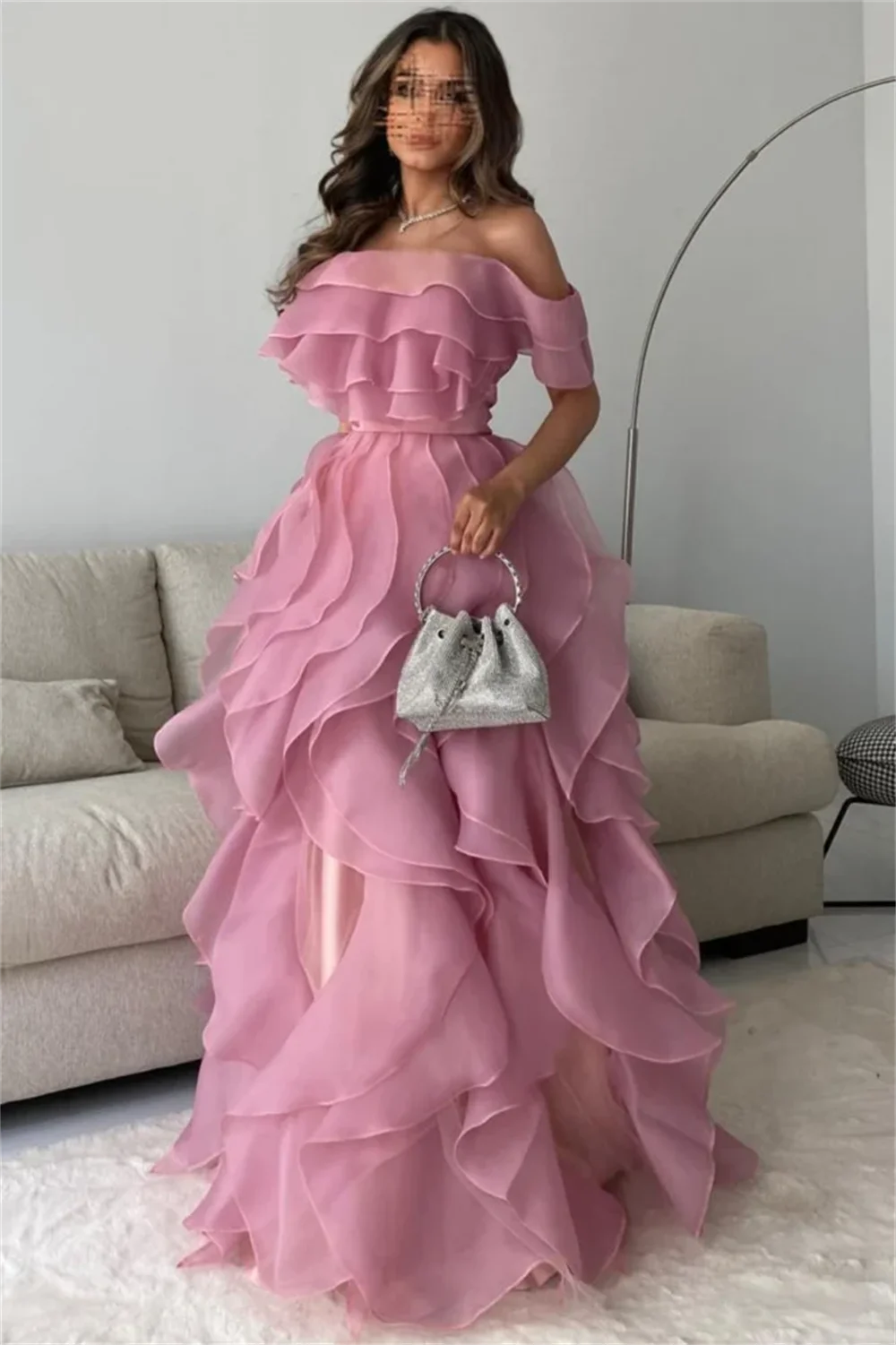 Amanda 2024 Gorgeous Dark Pink Vestido De Novia Shiny Organza Evening Dress Sexy Off Shoulder Edge Curl Prom Dress 2024