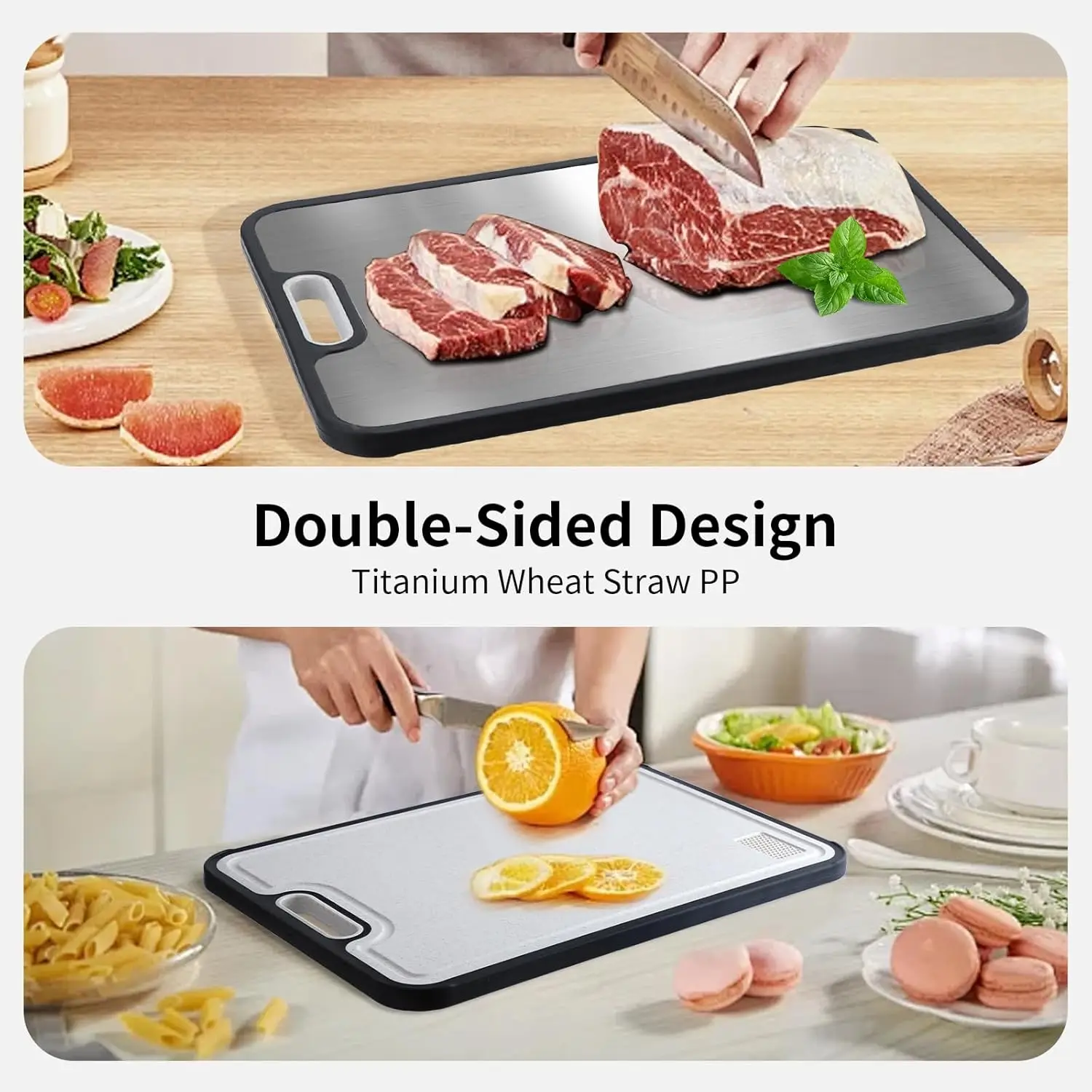 Titanium Cutting Boards for Kitchen, Cutting Board Double Sided Food Grade, Titanium/Wheat Straw PP Chopping Board