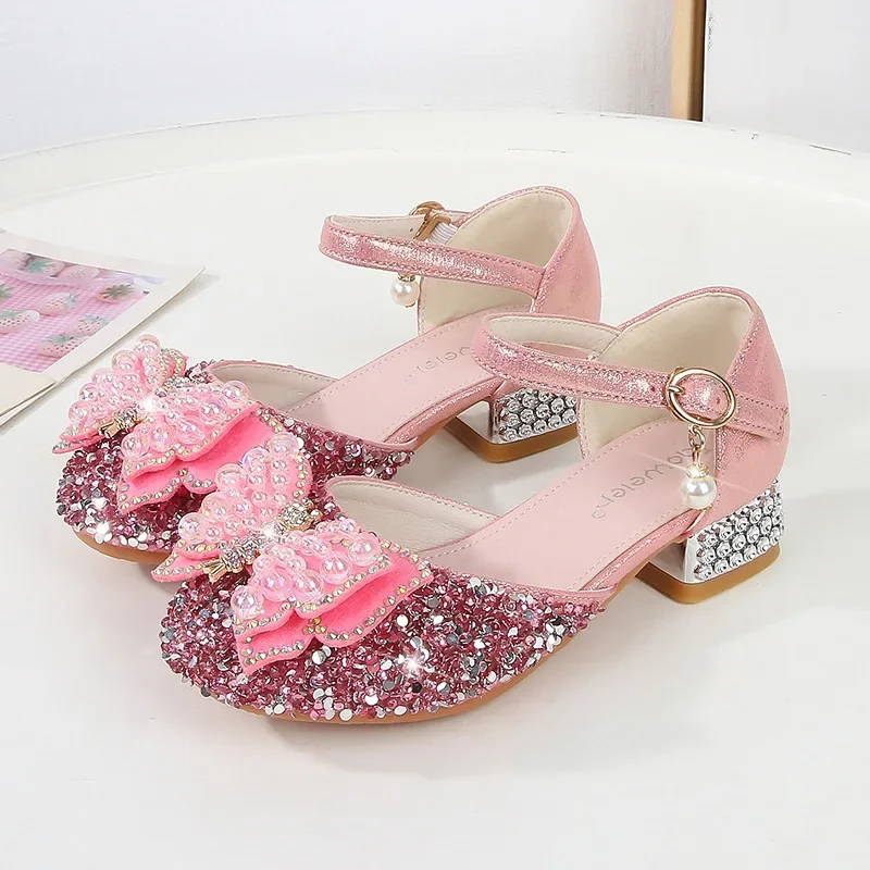 Zapatos de princesa con lentejuelas para niños, sandalias de cuero para niños, zapatos elegantes con diamantes de imitación, mariposa, vestido informal para niñas, zapatos individuales