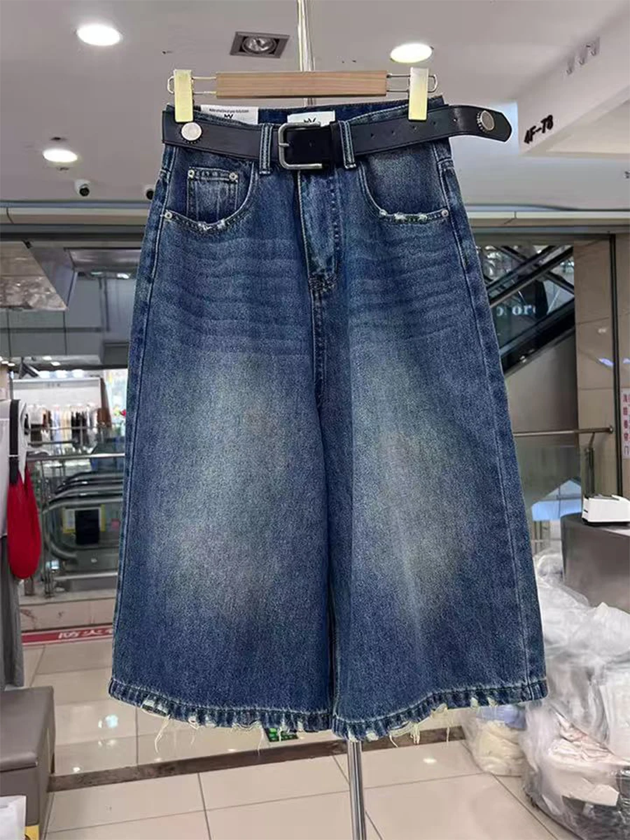 

Джинсы женские летние с высокой талией, свободного кроя, синие, широкие штанины, повседневные, винтажные, длиной семь дюймов