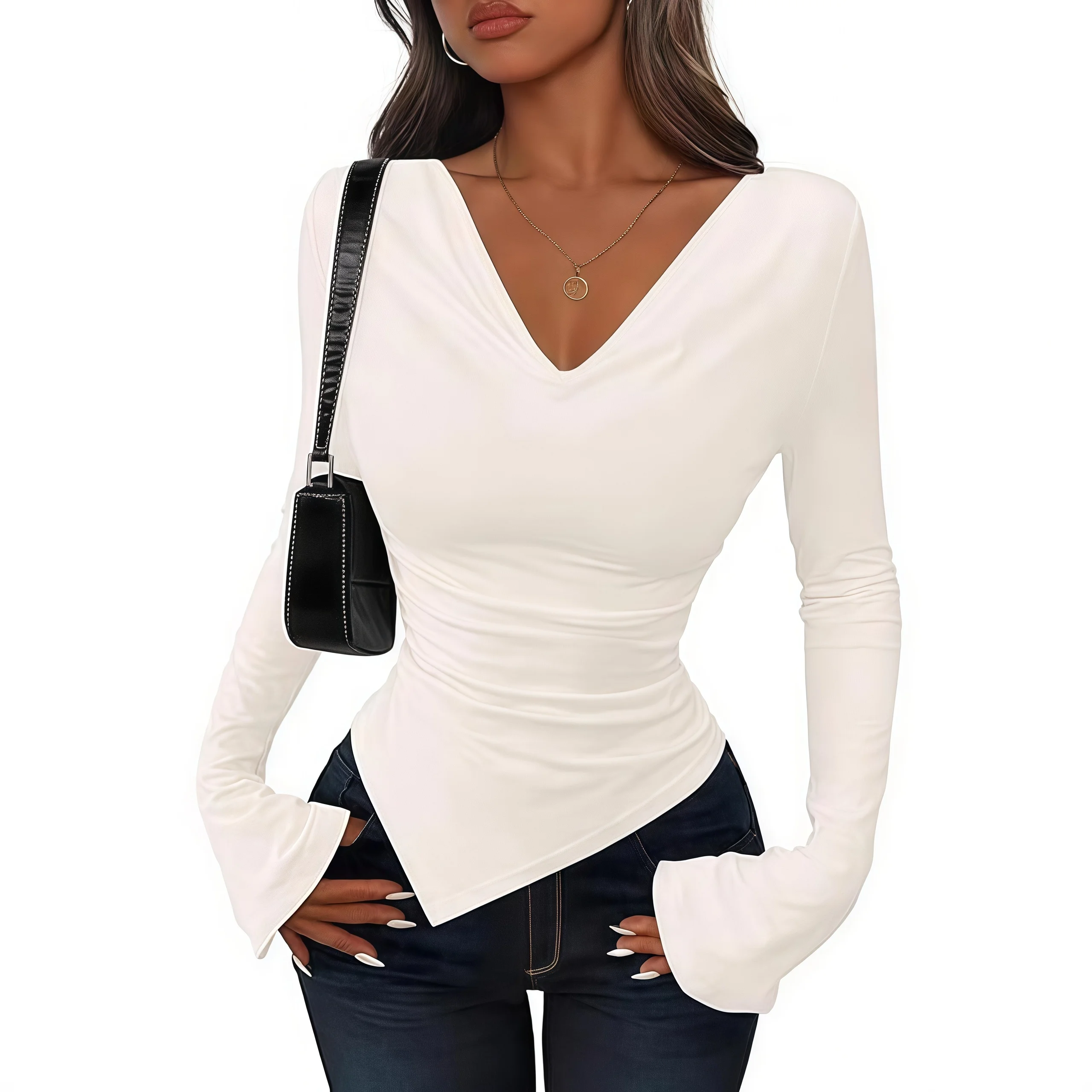 

Women Long Sleeve Asymmetric Blouse Solid Color Piled Collar Stylish Top for Office Casual Night Out and Vacation