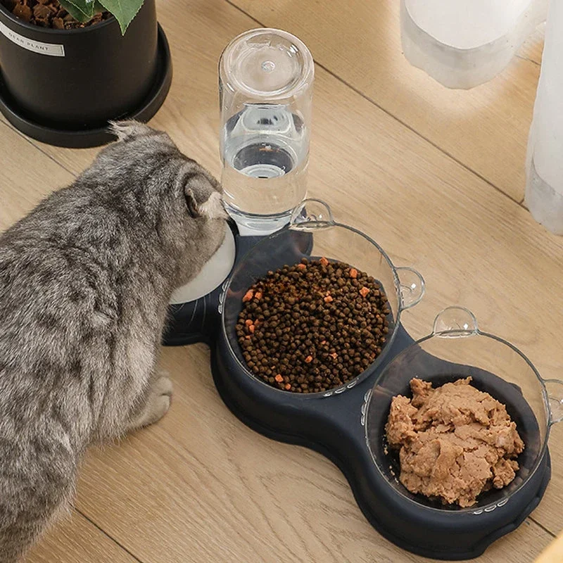 

Pet Cat Bowl Automatic Feeder 3-in-1 Dog Cat Food Bowl With Water Fountain Double Bowl Drinking Raised Stand Dish Bowls For Cats