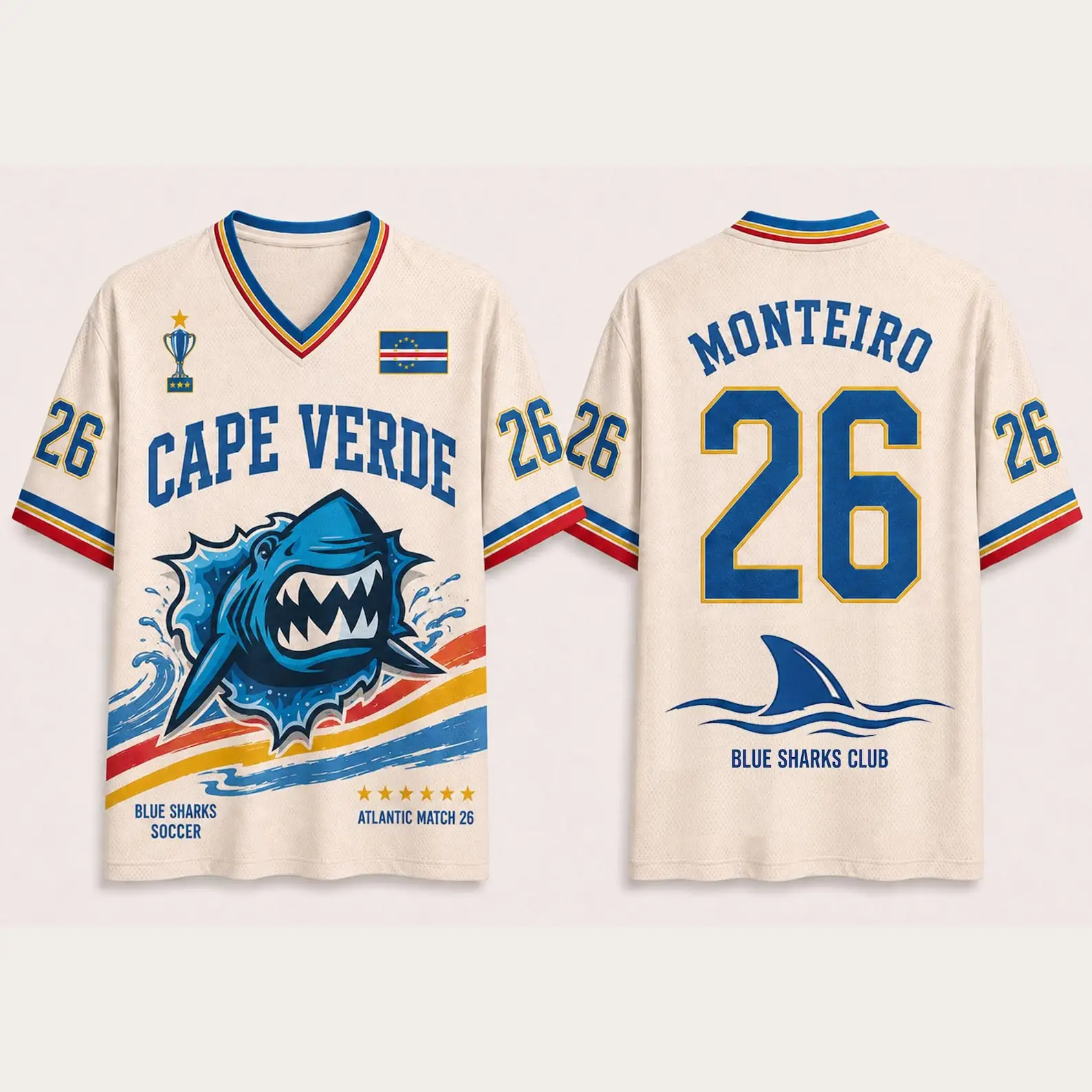 Cape Verde Blue Sharks Soccer Jersey, Custom Name Atlantic Match Gear