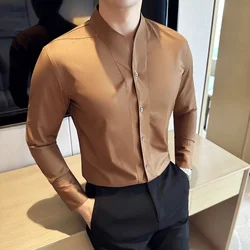 High-End Sexy Large V-neck Shirt Men's Long-Sleeved Design Collarless Shirt Brown Slim Top