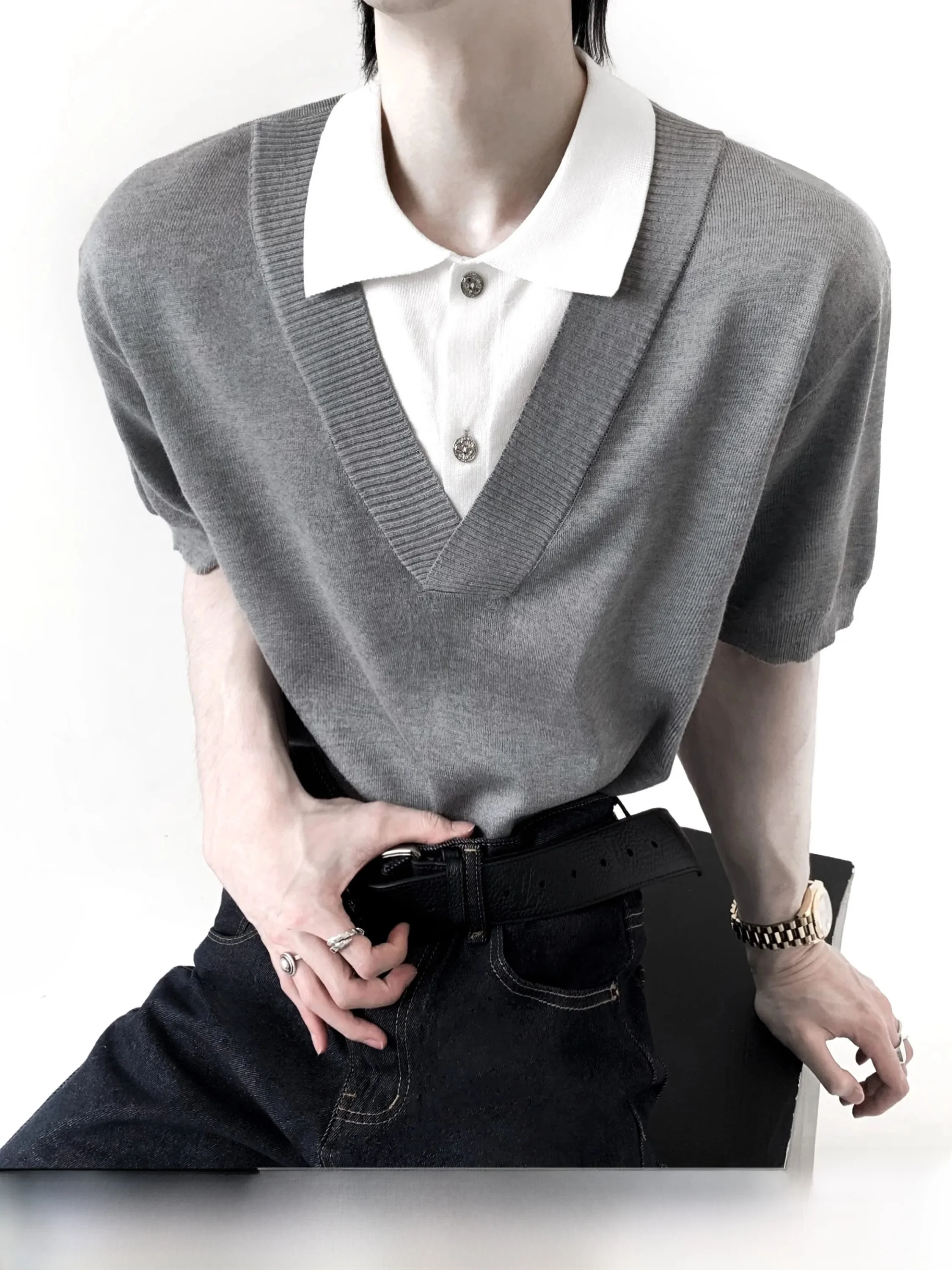 

New Autumn Mountain Wind Men's Knitted Short Sleeve T-Shirt CleanFit Design Shoulder Width Regular Length Color