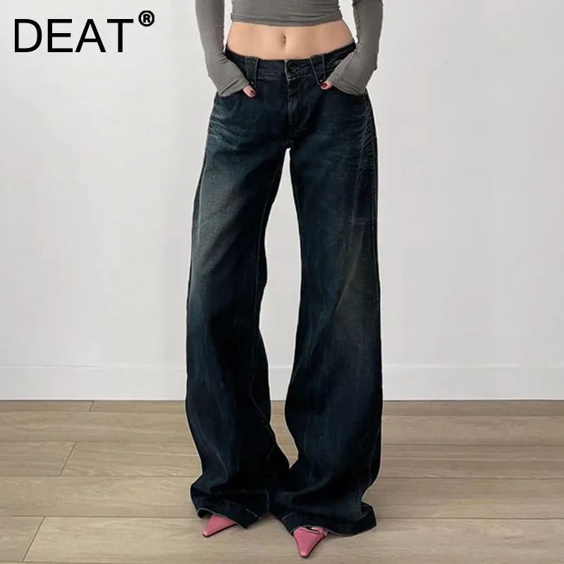 DEAT Women's Fashion High Waist Gradient Straight Denim Pants High End Trendy Long Jeans Female 2024 Winter New Items 33A2433