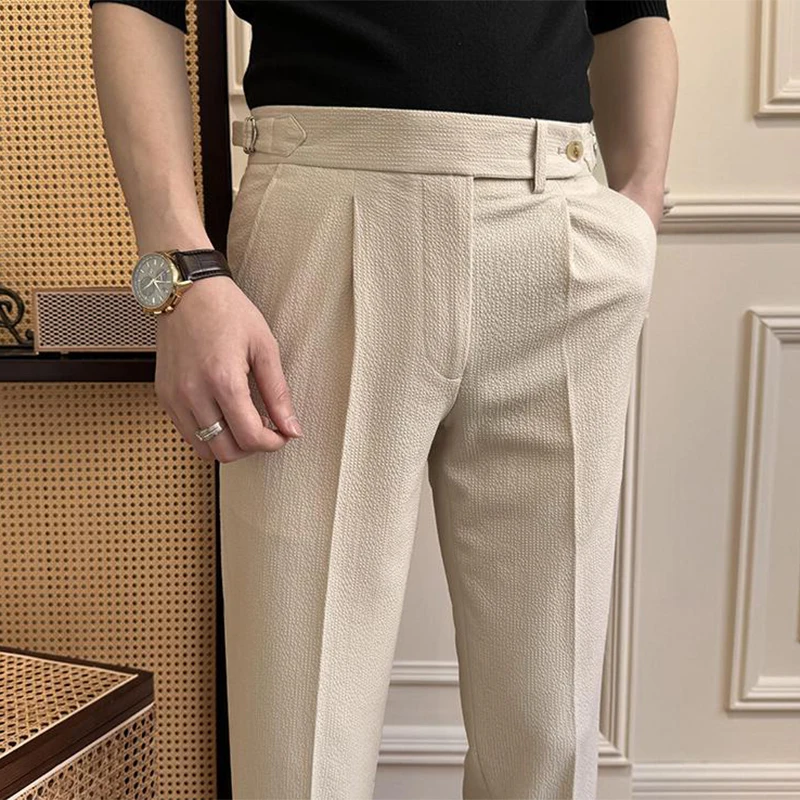 Italian Naples Trousers Men Vintage Solid Color Slim Straight Trousers Autumn Mens Trendy Belt High-waisted Design Suit Trousers