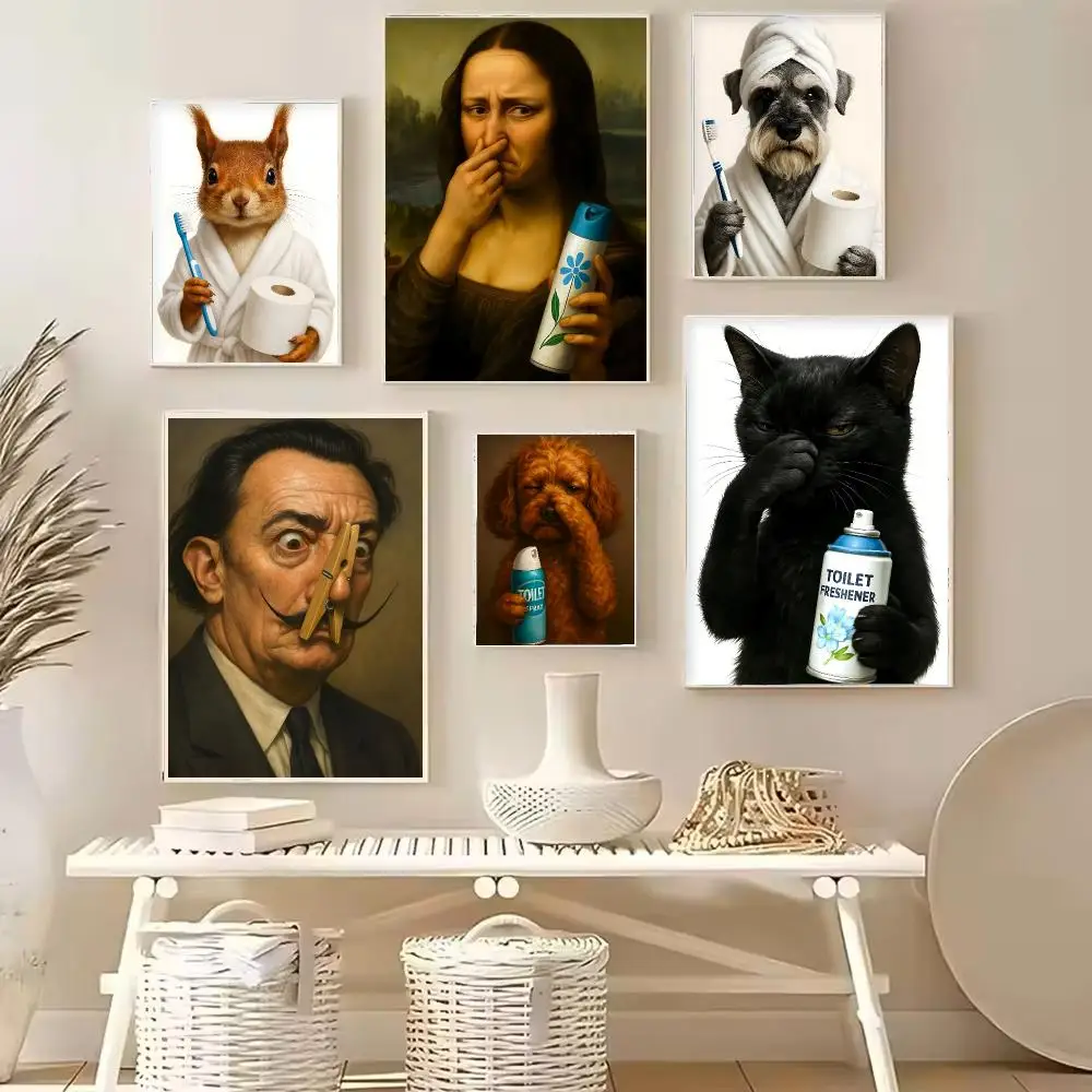 Salvador Dali Mona Lisa Funny Bathroom Toilet Portrait Poster Cockapoo Dog Canvas Painting Print Wall Art for Bathroom Decor