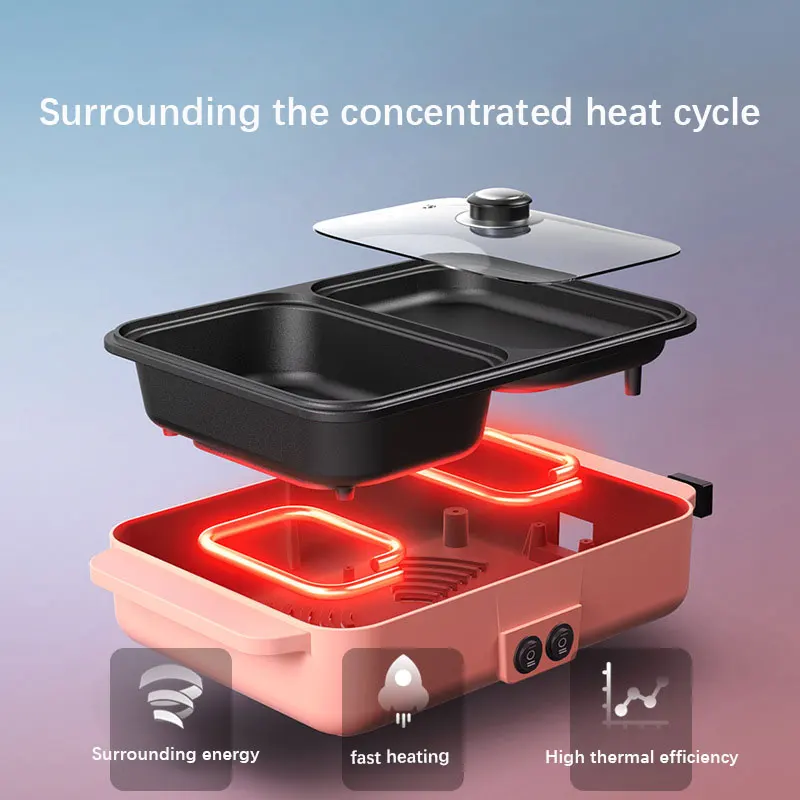2 In1 وعاء كهربائي الشواء شواية كهربائية متعددة الوظائف دخاني غير عصا لوحة الشواء عموم إناء/قدر 220 فولت