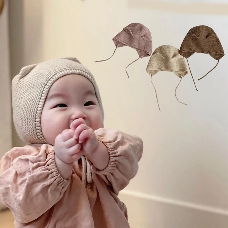 Cute Baby Hat With Ears Solid Color Infant Toddler Knitted Beanie Autumn Winter Warm Kids Boy Girl Earmuffs Cap