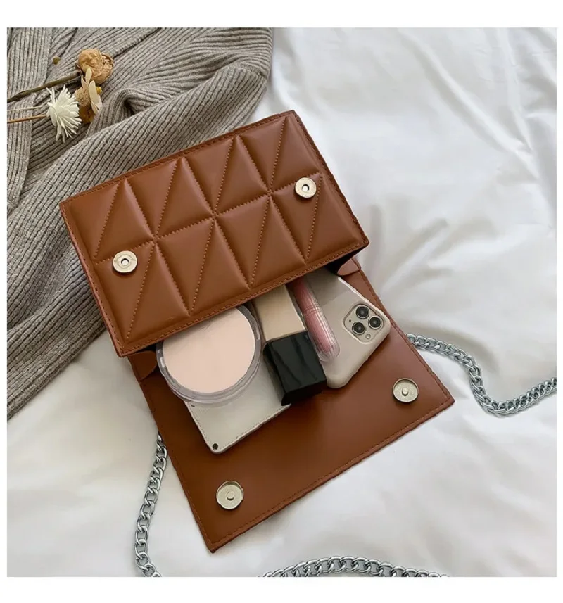 Women Solid Color Leather Shoulder Bag Rhombus Plaid Chain Crossbody Bags Flip Buckle High Quality Underarm Bag Casual Handbag