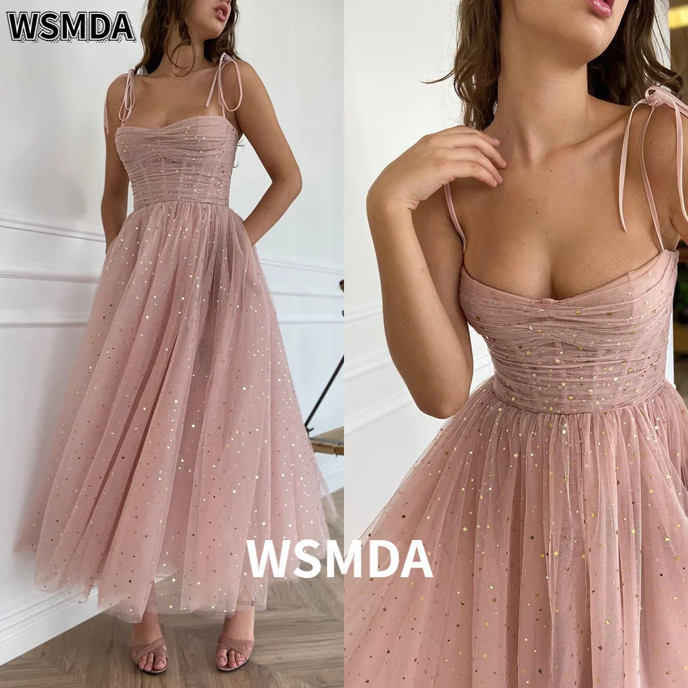 

Sparkly Blush Prom Dresses 2025 Spaghetti Straps Pleated Tulle Short Evening Dresses Strapless A-Line Formal Gowns with Pockets