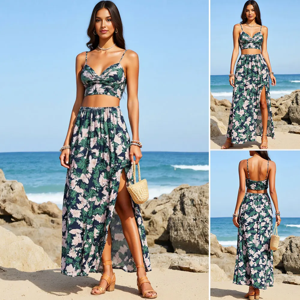 

Mia Muse Boutique весна-лето модные приличные комплекты с цветочным принтом без рукавов без бретелек с естественной талией макси отпускные комплекты для женщин