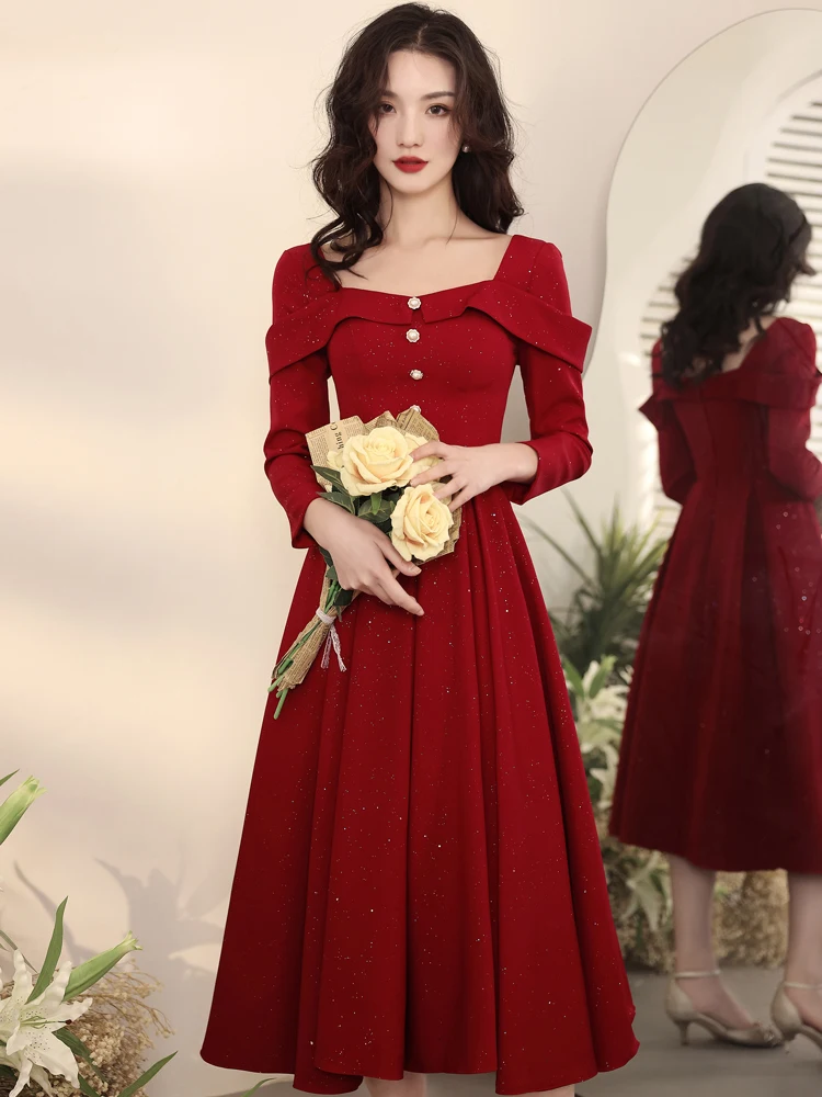 

Элегантное вечернее платье с длинными рукавами цвета красного вина для помолвки и свадебного торжества, женское модное платье