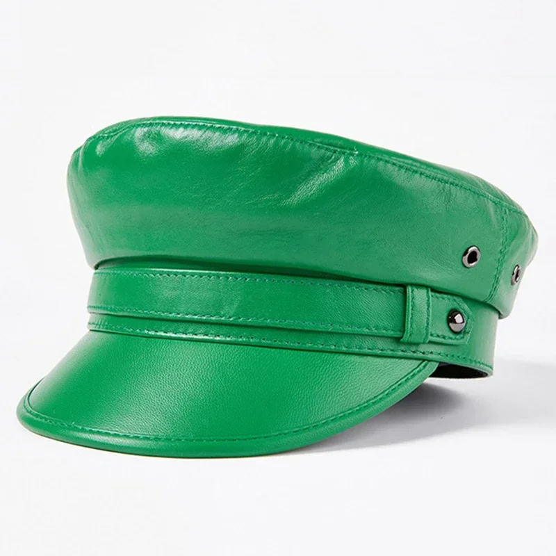 100% High Quality Genuine Leather Unisex Military Hat Winter Warm Outdoor First Layer Sheepskin Leather Hat Military Hat Women