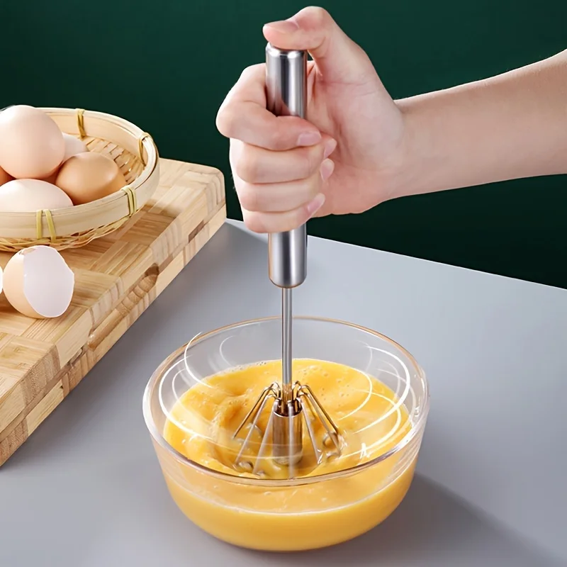 Batidor de huevos semiautomático de acero inoxidable, batidor de huevos giratorio, batidor de huevos manual para el hogar, herramienta para hornear sin batería