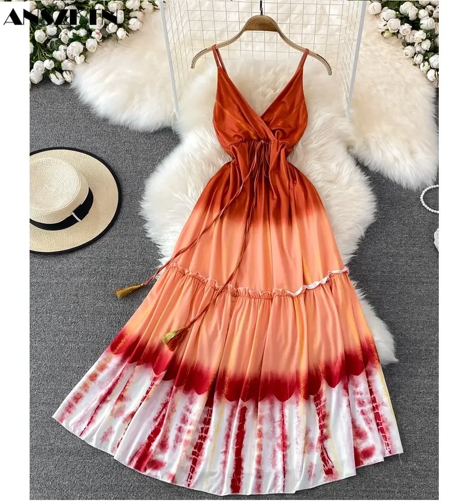 New Design Customization Boho Tie Dye V Neck Belts Sleeveless Loose Elegant Dresses