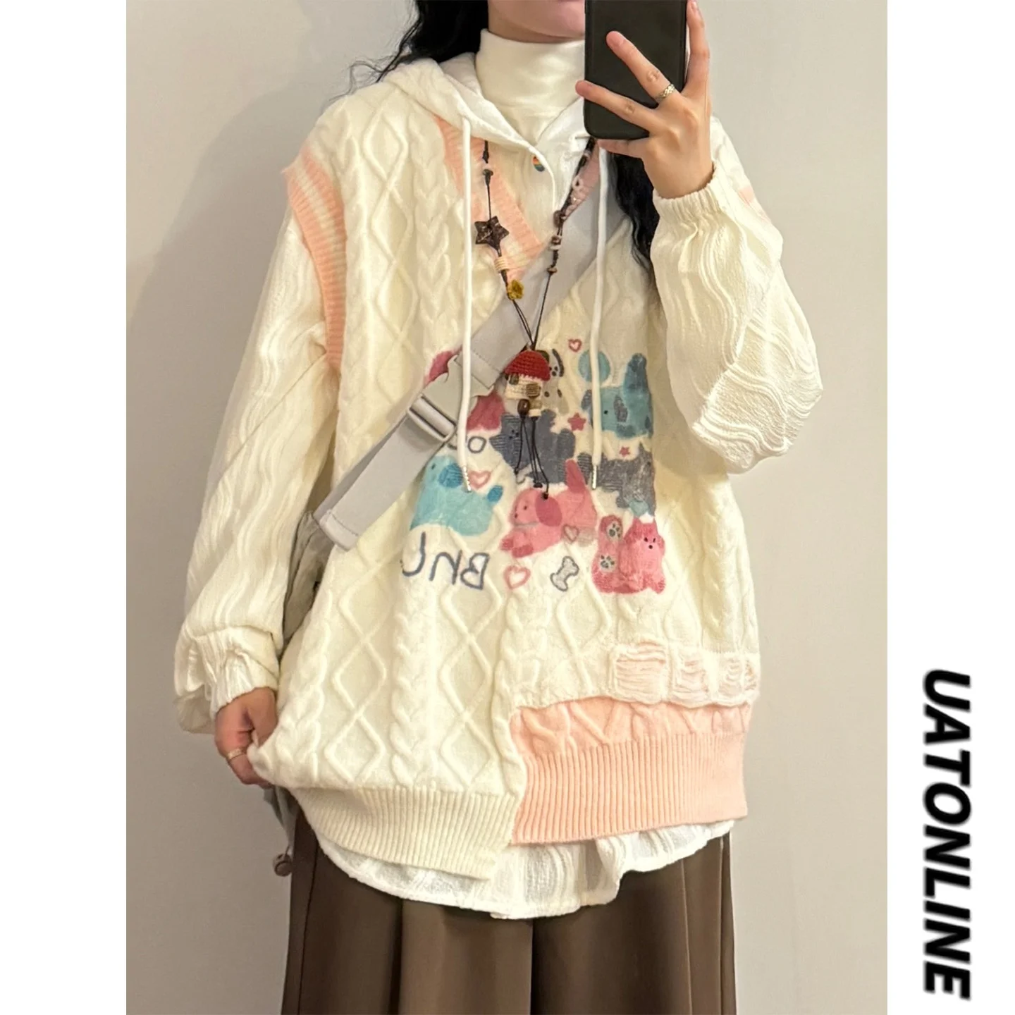 

UATONLINE Autumn Winter Street Sle Loose Fit Knitted Sweater Dog Print Irregular Patchwork Layering Vest Knit Vest
