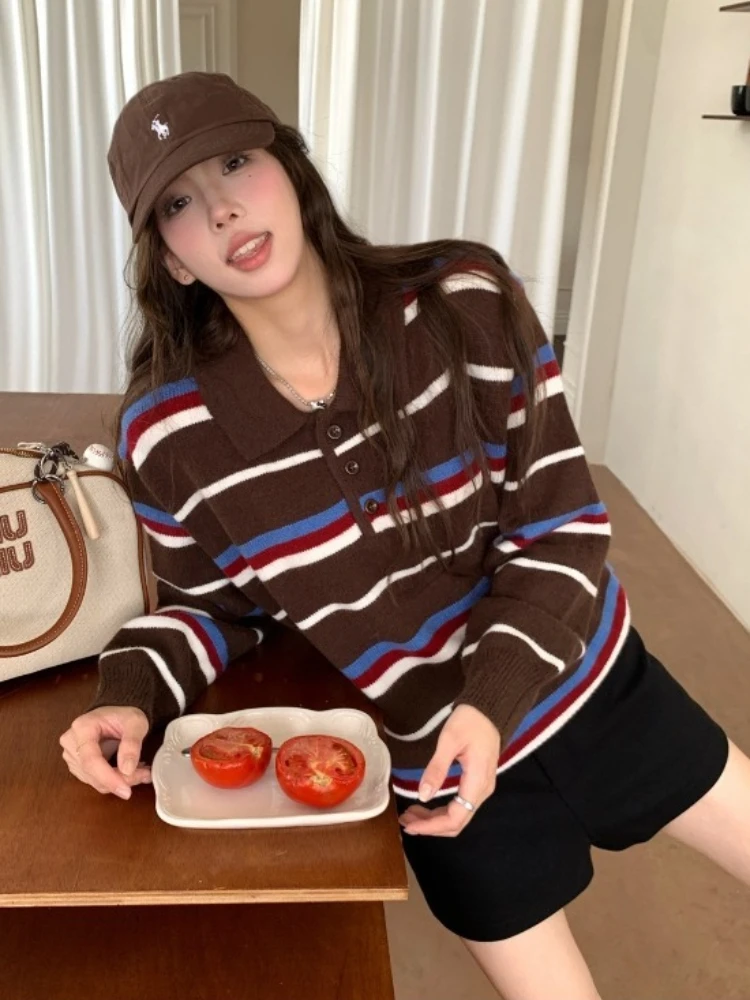 

Autumn and Winter Fashion New Women's Elegant Pullover Sweater with High-end Design Sense Polo Lapel Striped Contrasting Sweater