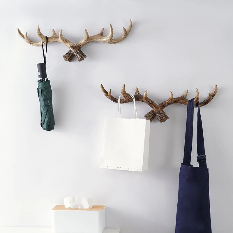 Nordic Vintage Deer Horn Hook Resin Wall Mounted Keys Caps Coat Hanger Hooks Storage Rack Home Decorative Antler Statue Hooks