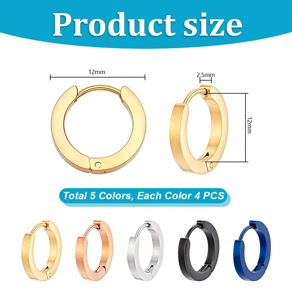 20pcs 5Colors Stainless Steel Hoop Earrings 1/2 inch Hoop Earrings Men Women Small Huggie Hoops Surgical Steel Earring for Daily
