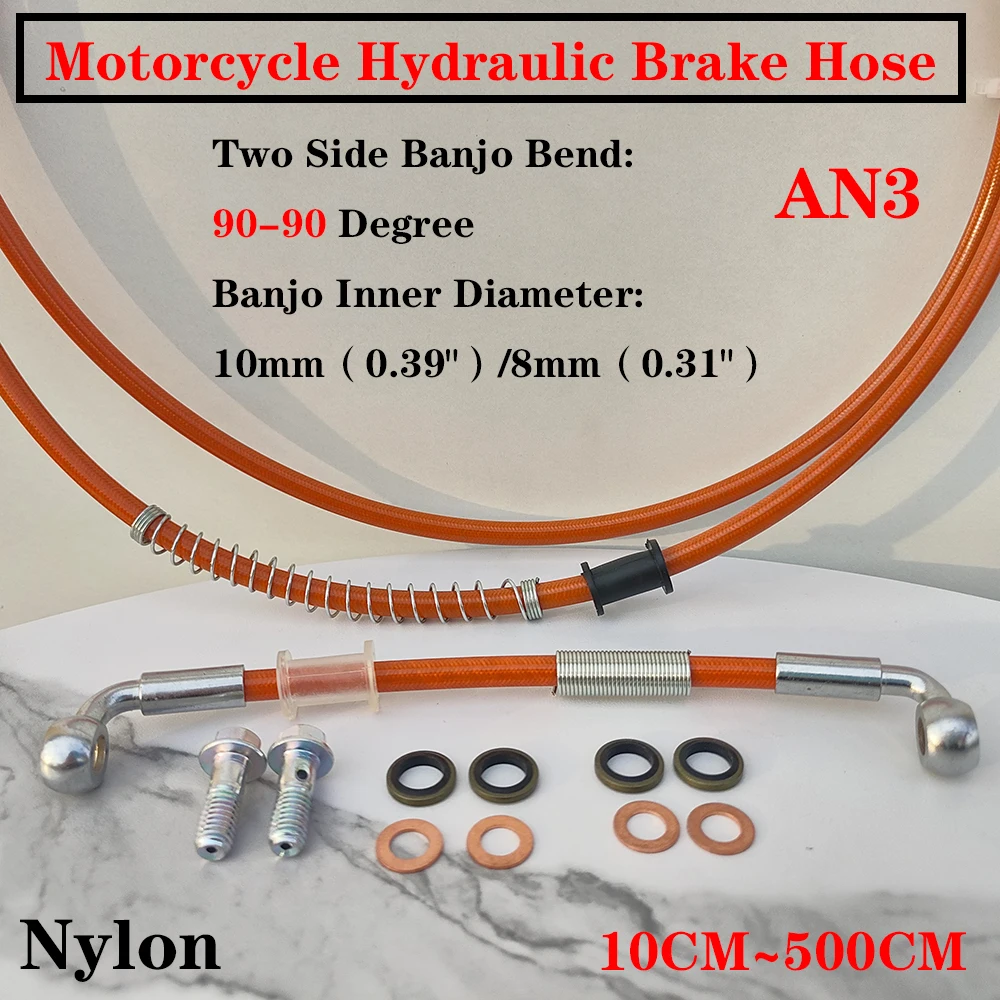 90°-90° 10cm-500cm M8/M10 Nylon Material Orange Front Hydraulic Brake line Hose For Pit Dirt Bike ATV Quad Go Kart Motorcycle