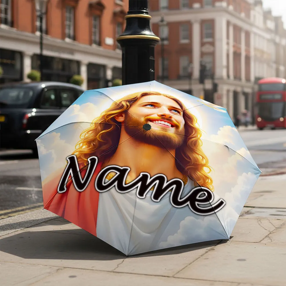 Custom Name Umbrella Religious Figure Dove Sky Cloud Print Folding Umbrella Compact Portable Travel Parasol