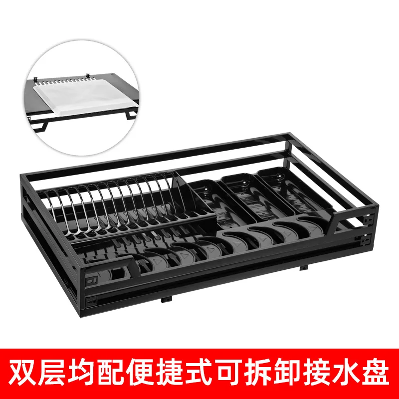 Cabinet pull basket Stainless steel drawer type double-layer dish rack Damping buffer guide rail Kitchen built-in storage