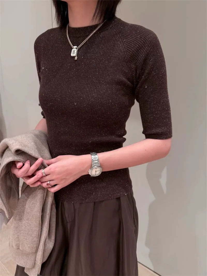 Bright Silk Ladies Half Sleeve Pit Stripes Slim Fit Pullover Top Women's 2026 New Knit Round Neck Sweater