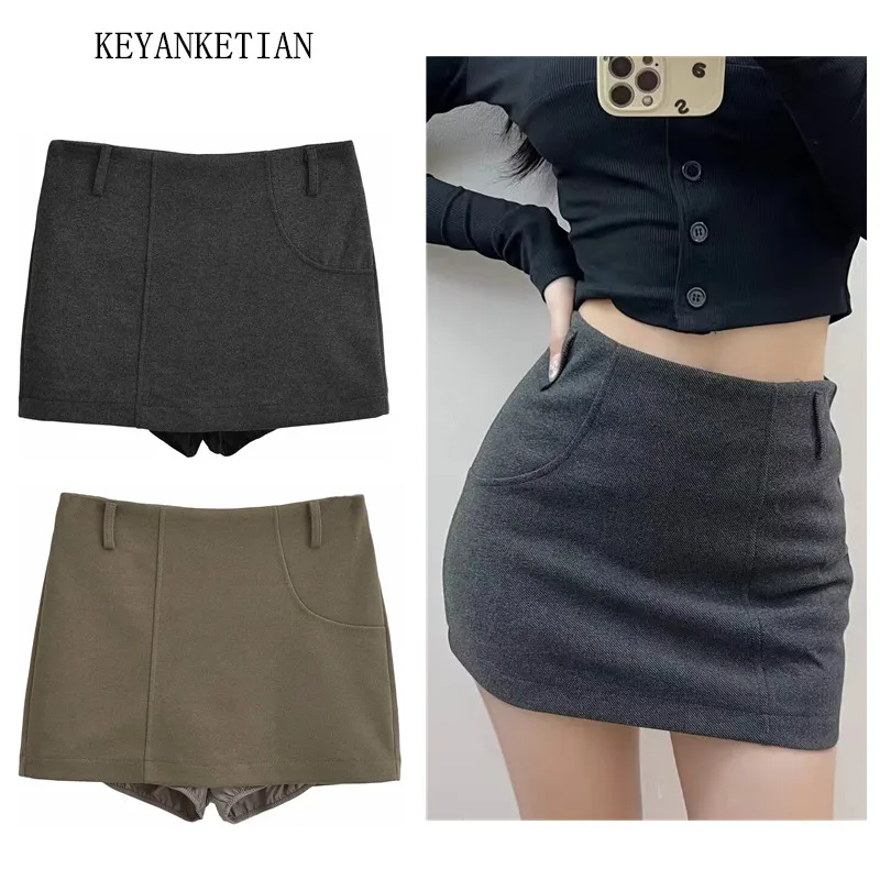 KEYANKETIAN 2024 New Launch Women's Woolen Twill Mini Skirt Suit Skirt Korean Simply Slim Zip High-Waisted Solid Color Skort Y2K