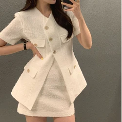 Elegant V-neck Single-breasted Textured Pocket Decoration Short Coat+high Waist Pocket Hip Skirt 2024 Summer Korean Chic Coats