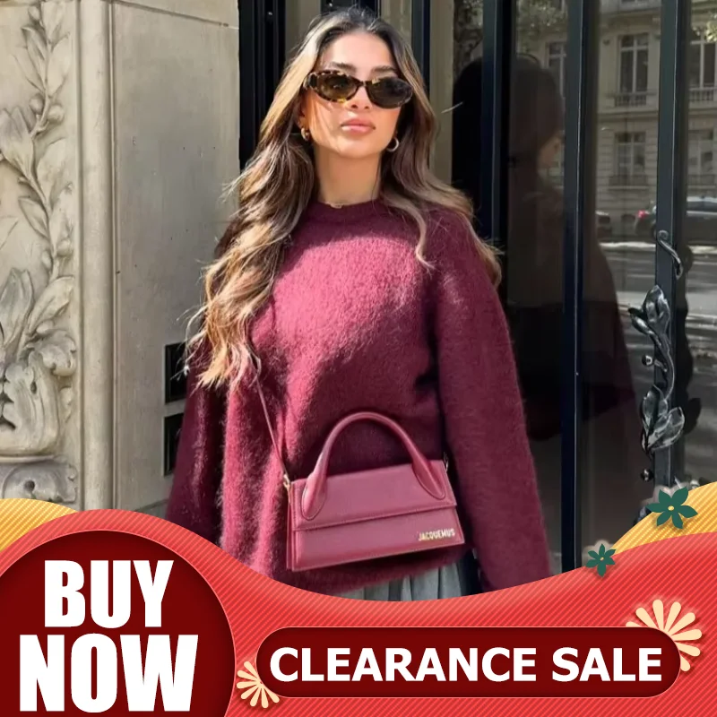 Burgundy Women O Neck Knit Pullover Fashion Long Sleeve Soft Warm Female Sweater 2025 High Street Lady Jumpers Clearance Sale