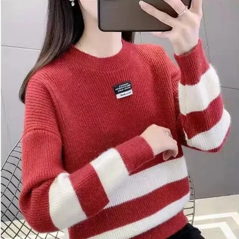 Autumn and Winter Women\'s Contrast Color Crew Neck Long Sleeve Loose Knitted Sweaters Jumpers Fashion Casual Office Lady Tops