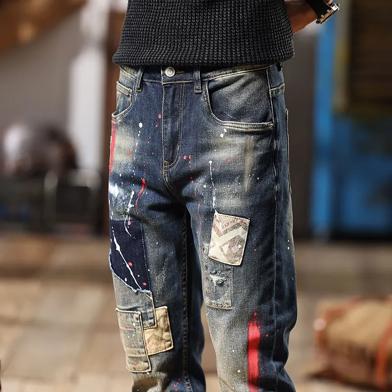 2024 New Motorcycle Men's Jeans Splash Paint Printing Design Street Style Slim Fit Patchwork Skinny Trousers