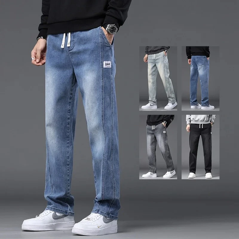

New Drawstring Jeans Men Spring Autumn Cargo Denim Pants Casual Fashion Elastic Waist Comfortable Work Trousers Male