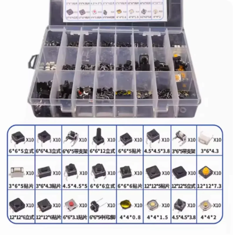 

Assorted Botão Tact Interruptores, Micro Interruptor, Mini Interruptor Folha, Reset, 25 Tipos, SMD DIP, 2x4, 3x6, 4x4, 6x6, Kit