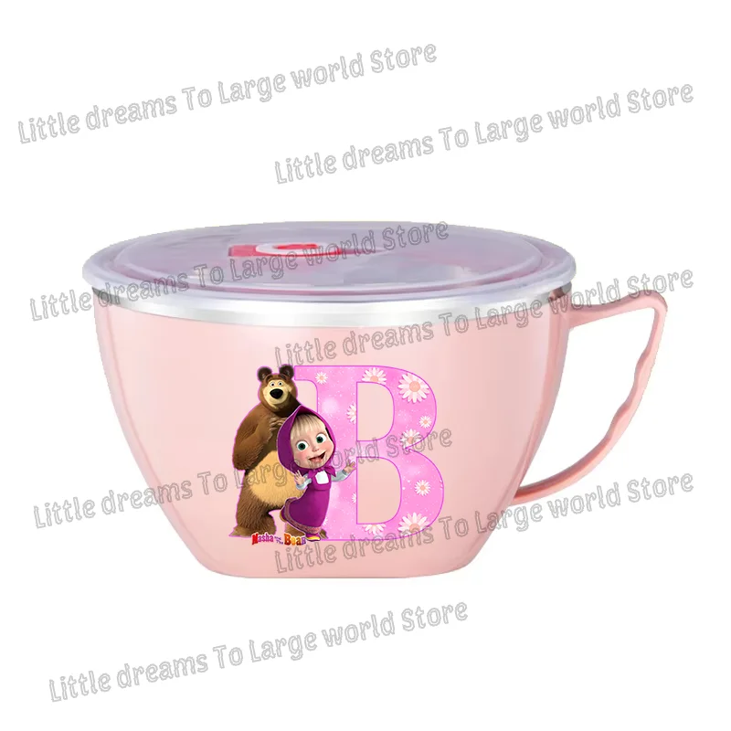 Mashas Bears Stainless Steel Noodle Bowl Insulated Bowls with Lid Anime Letter A-z Lunch Box Home Large Handheld Bowl Girls Gift view 3