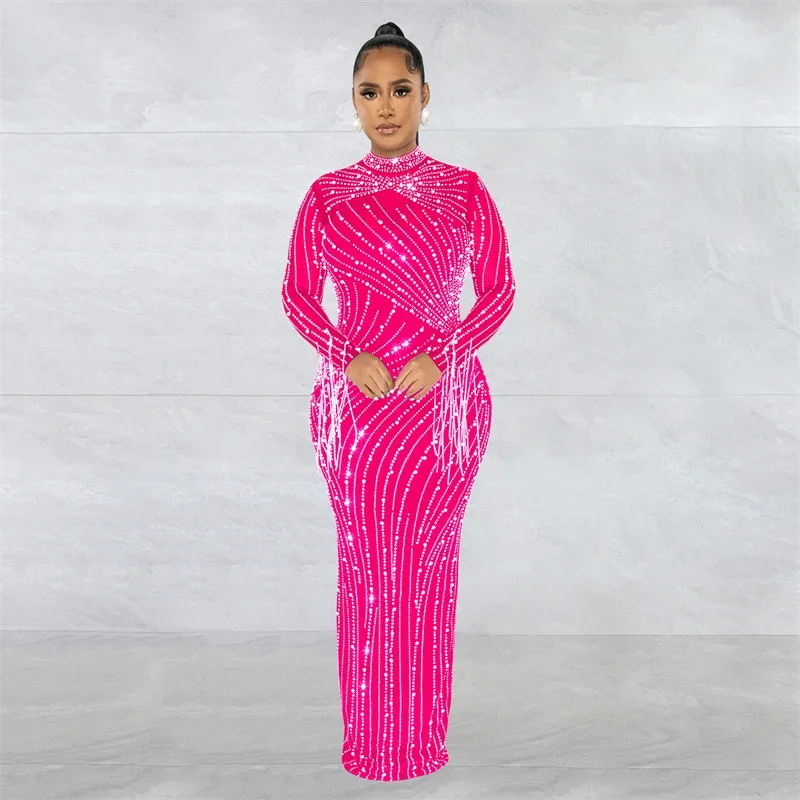 Vestidos de Noche de celebridades con diamantes de imitación brillantes para mujer, vestido Maxi ajustado transparente de malla de manga larga con borlas de diamantes para club nocturno de lujo