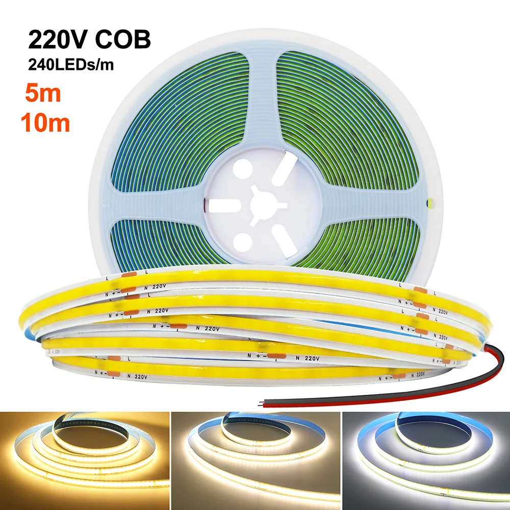 

5m 10m 20m 50m Cob Led Strip Light 220v 230V AC 240LED/m Flexible Tape Lights with Rectifier No Power Required Linear Lighting