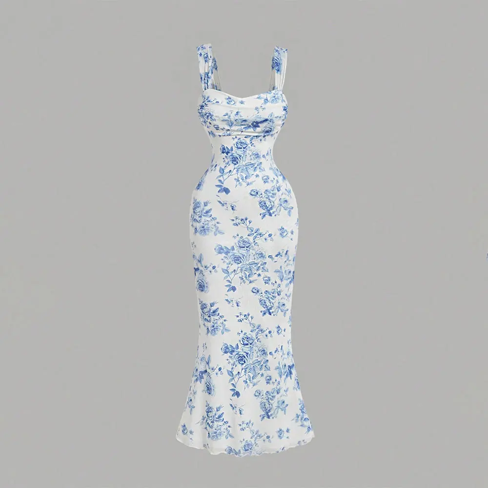 

Sexy Floral Print Halter Dress High Waist Bodycon Long Skirt Women's Summer New Style Cross-Border Polyester Knitted Dress