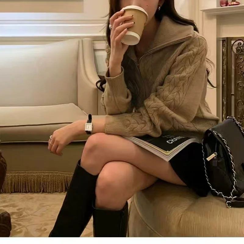 Cardigan 100% laine pour femme, Double fermeture éclair, col rabattu, couche extérieure, manteau épais en cachemire, nouvelle collection automne/hiver