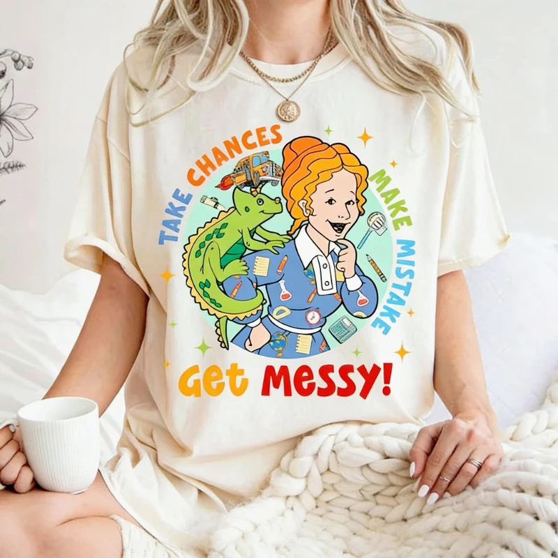 Ms Frizzle The Magic School Bus Cotton T-shirts Take Chances Make Mistakes Get Messy Cute Fairy Tale Printed O-neck Girls Tops