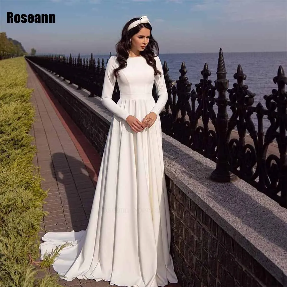 

Fashion 2024 New A-line Wedding Dresses O-Neck Full Satin Draped Pleat Bride Dresses Brush Train Floor Length robe de mariée