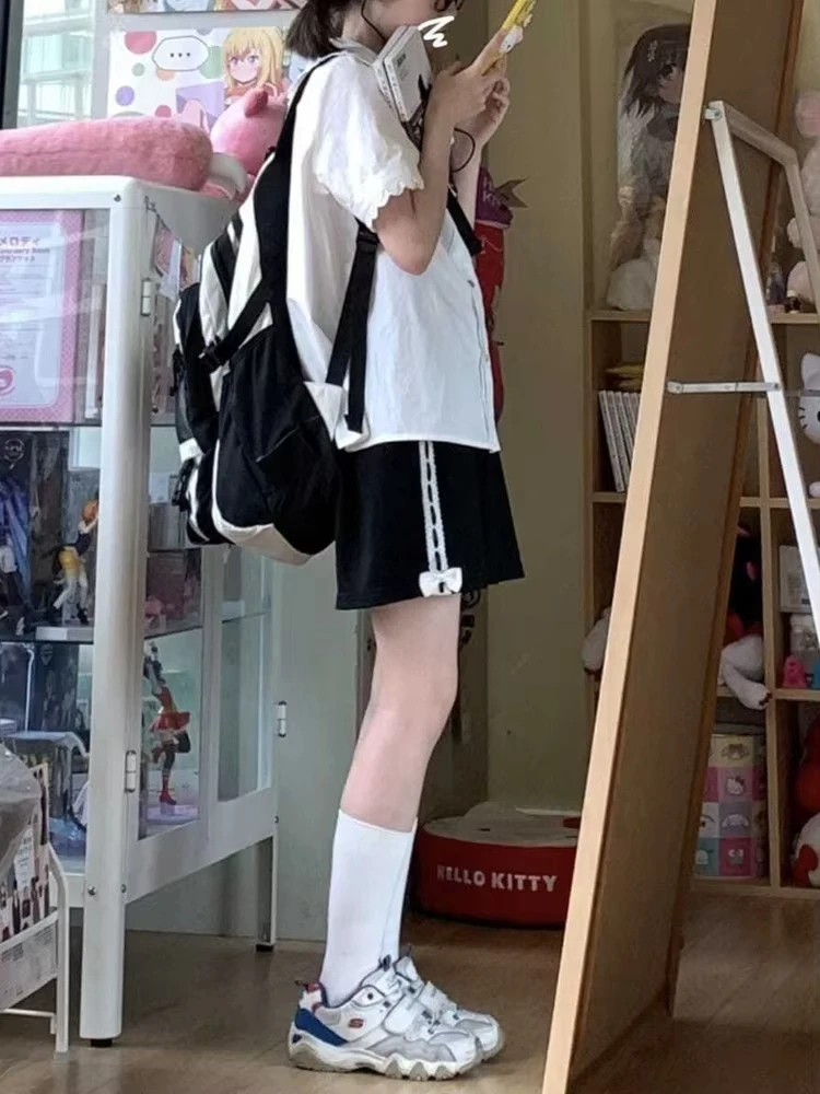 Y2K Lace Patchwork Wide Leg Shorts Women 2026 Summer Japanese Style Harajuku All Match Loose Elastic Waist Student Short Pants