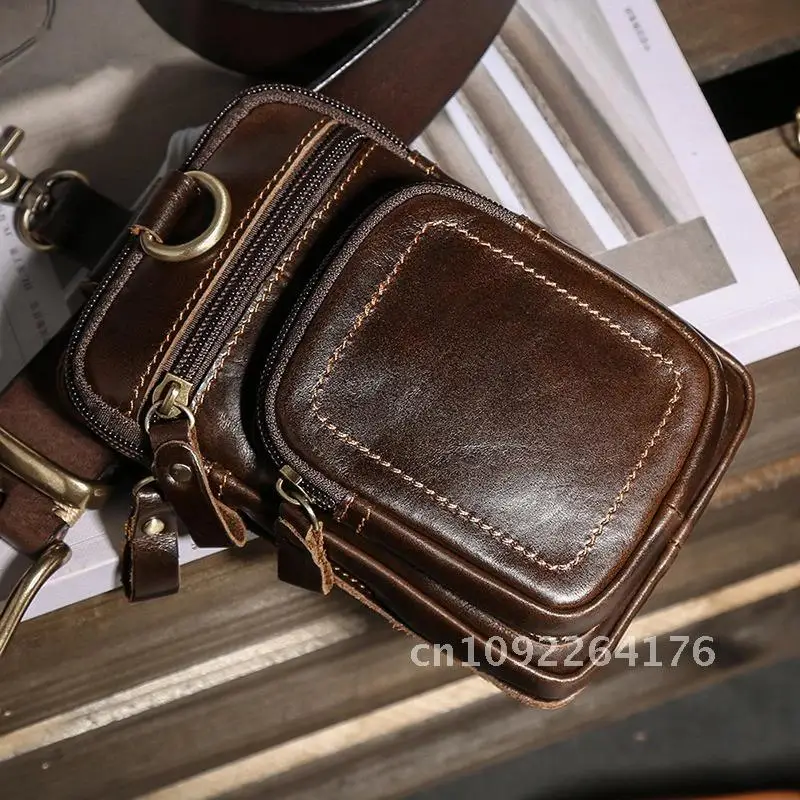 Riñonera de cuero Crazy Horse Vintage para hombre, bolsa de cuero genuino, cinturón de viaje para teléfono, riñonera con lazo para la cadera, bolsos pequeños para hombre