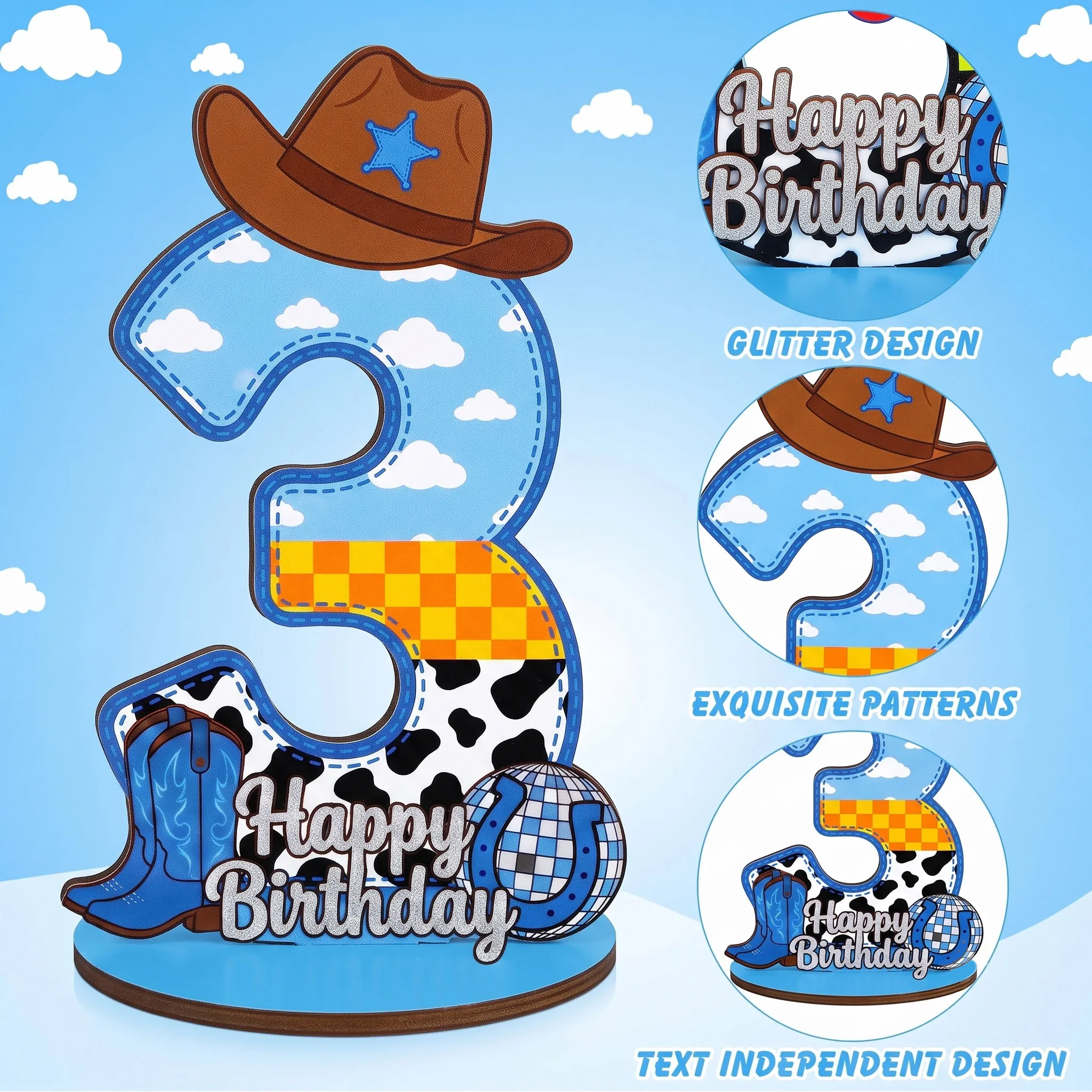 Farm Animal Birthday Party Wooden Number Centerpiece Sign, Sky & White Cloud Cow Decor for Boys Girls Photo Booth Prop