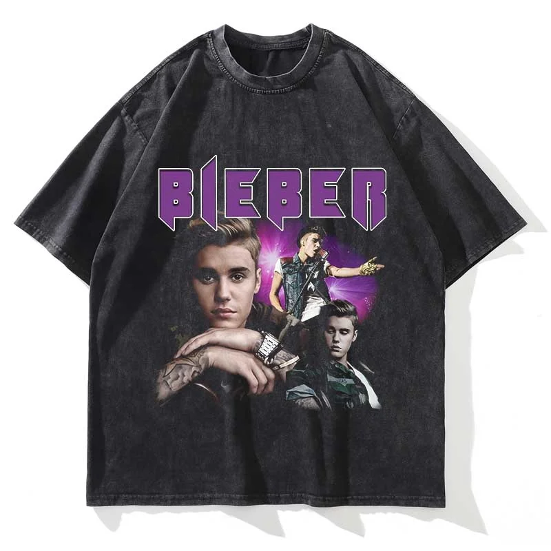 Summer Washed Men Women T Shirt JUSTIN BIEBER Graphic Printed Short Sleeve Oversized Crew Neck Fashion Streetwear T Shirt