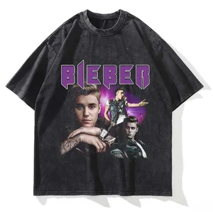T-shirt baskılı grafik yıkanmış erkek ve kadın, kısa kollu, yuvarlak boyun, moda yaz, streetwear pantolonda en çok satılan 12, justin bieber-no. 1