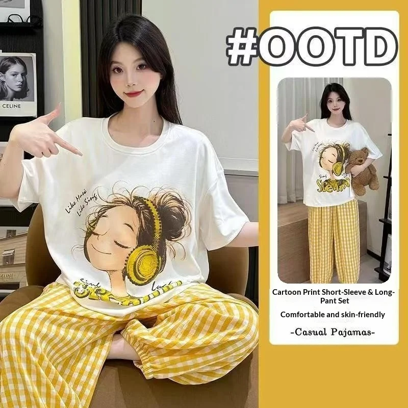 Summer New Women's Short Sleeved Sleepwear Home Suit Set Cartoon Pullover Loose Lazy Style Sleepwear Home Suit Two-Piece Set