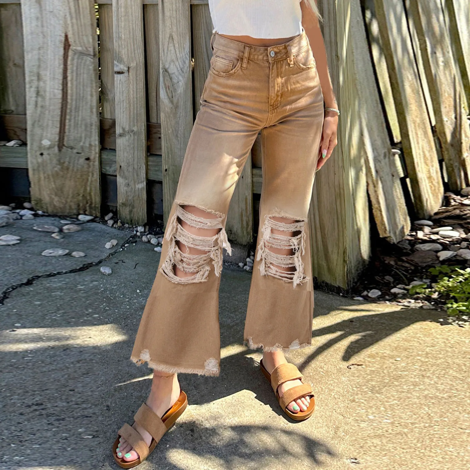 

Women's Ripped Jeans Pants Wide Leg Casual Fashion Vintage Loose High Waist Trousers Baggy Y2K Denim Cropped Pant Streetwear